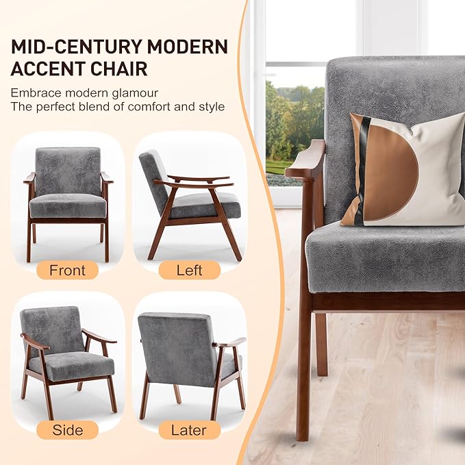 KEIKI Mid-Century Modern Accent Chair with Solid Wood Frame, Stylish Upholstered Armchair for Modern Retro Home Décor