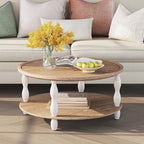 karlott Round Coffee Table, 30.3" Coffee Tables for Living Room, Solid Wood Veneer 2-Tier Center Table with Storage Shelf, Pine Leg, Boho Rustic Farmhouse Coffee Table for Living Room, Easy Assembly