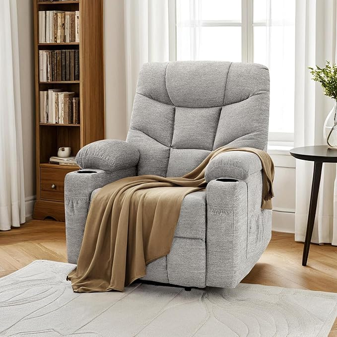 MCombo Power Lift Recliner Chair with Extended Footrest for Elderly People, Fabric 7287 (Light Grey, Medium)