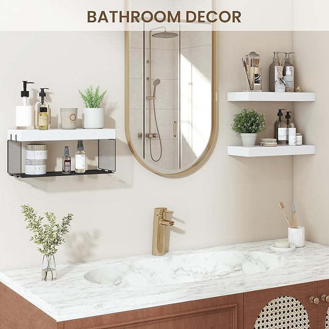 Bathroom Floating Shelf for Wall,16 inch Wall Mounted Floating Shelves Toilet Organizer and Storage,Small Farmhouse Decor Shelf,White,Set of 3