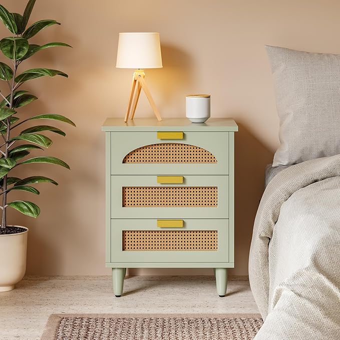 LITTLE TREE Rattan Nightstand, Mint Green End Table with 3 Drawers for Couch, Wooden Bedside Table for Living Room, Bedroom, Easy Assembly