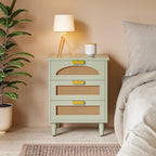 LITTLE TREE Rattan Nightstand, Mint Green End Table with 3 Drawers for Couch, Wooden Bedside Table for Living Room, Bedroom, Easy Assembly