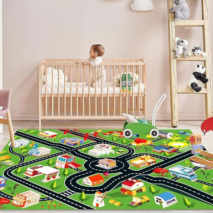 6'7"x9'10" Kids Rug Car Rugs for Kids Toy Cars Play Mat with Rubber Backing City Life Road Rug for Cars Fun City Map for Carpet for Bedroom Boys (RED-Rug)