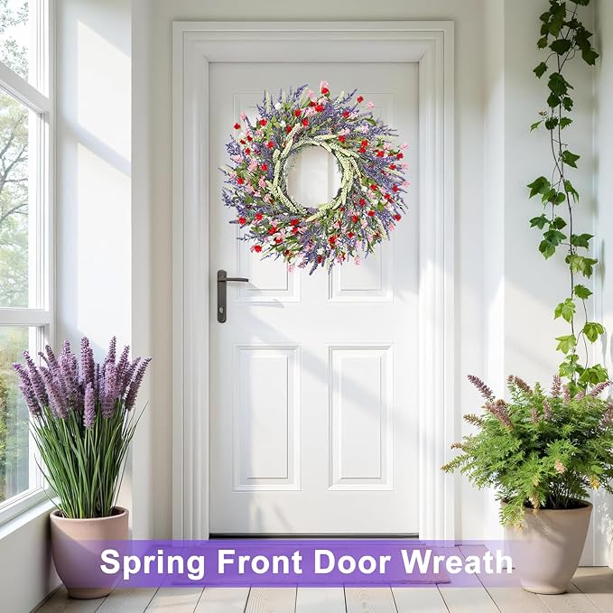 26 Inch Lavender Wreath Summer Spring Wreaths for Front Door Wreaths for Front Door for Wedding Farmhouse (Red Pink Lavender)