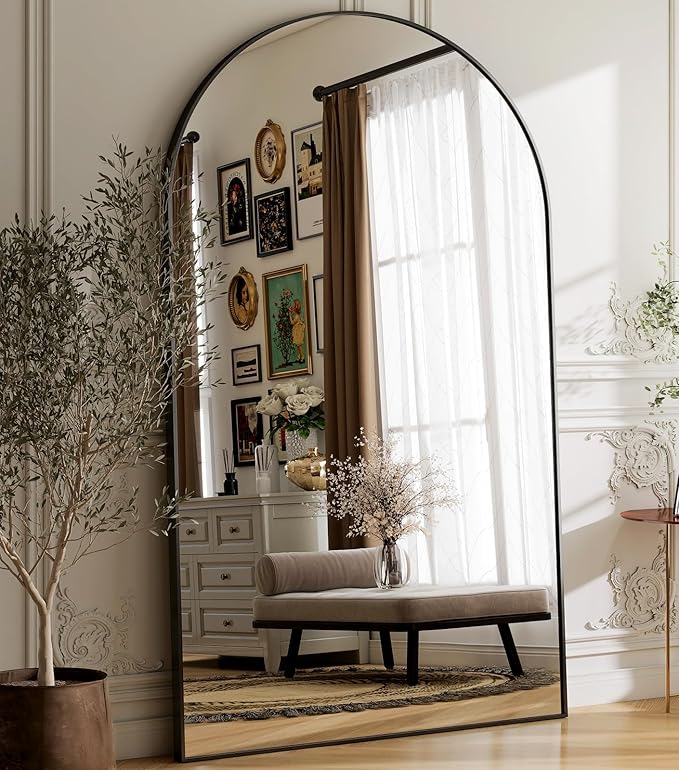 GLSLAND 72"x44" Arched Full Length Mirror – Oversized Full Body Floor Mirror with Aluminum Alloy Frame, Stand & Wall-Mounted Option for Bedroom & Living Room, Black