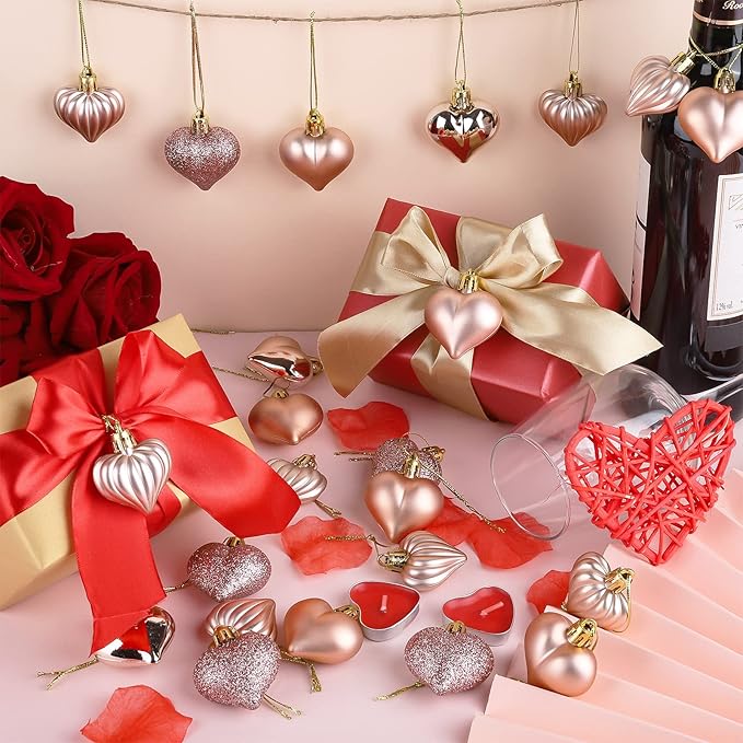 Elcoho 48 Pieces Valentine's Day Heart Shaped Baubles Hanging Heart Ornaments Valentines Tree Decorations for Valentines Day Ornaments Party Wedding Anniversary Decor, Rose Gold