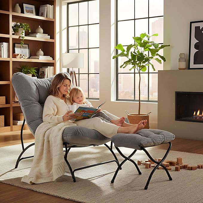 Welnow Modern Accent Chair with Ottoman, Upholstered Comfy Lounge Recliner Sofa, Thick Cushion Oversized Lazy Reading Chair with Footrest for Living Room, Bedroom, Apartment, Office, Dorm, Light Grey