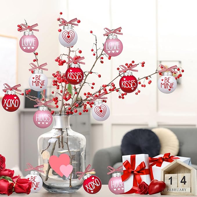 12 Pcs Valentines Day Ball Ornaments - 2.36 Inch Red Pink White Valentines Day Letter Hanging Decorations Buffalo Plaid Balls Ornaments for Tree Valentine's Day Party Supplies Decorations