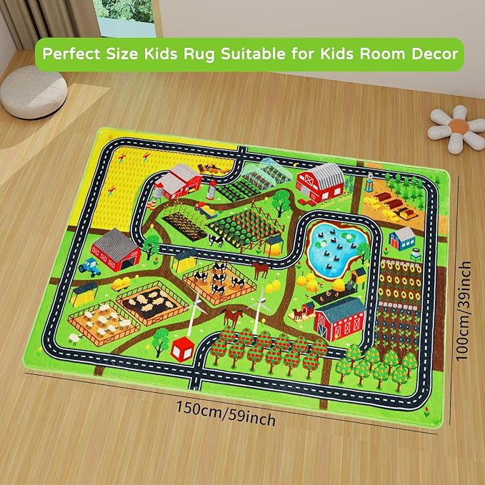 Kids Rug Play Rug for Toy Cars, 39.4"×59" Farm Life Road Traffic for Playroom Kid Car Road Mat Village Map Play Mat Non-Slip Washable Carpet for Toddler Boy Family Tummy Time Playtime
