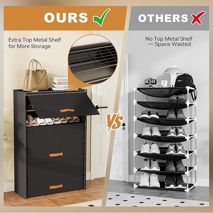 6-Tier Shoe Storage Cabinet with Hard Flip Doors, Holds 18–24 Pairs, Enclosed Dustproof Shoe Rack Organizer for Entryway, Closet & Bedroom, Space-Saving Shoe Shelf, Black, 27.8" x 12.0" x 41.9"