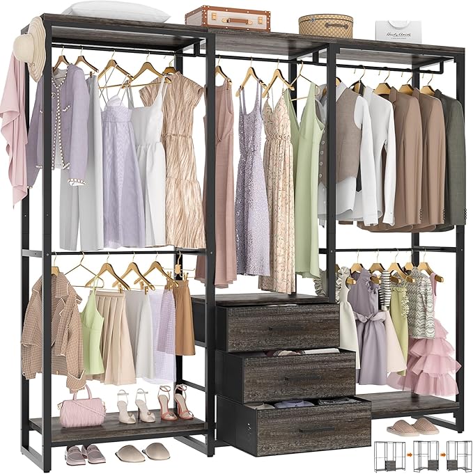 Aheaplus Garment Rack Heavy Duty Clothes Rack for Hanging Clothes,Clothing Rack with Drawers, Wood Stoarge Shelf Wardrobe Rack, Freestanding Closet Corner L Shaped Closet System Organizers,Black Oak