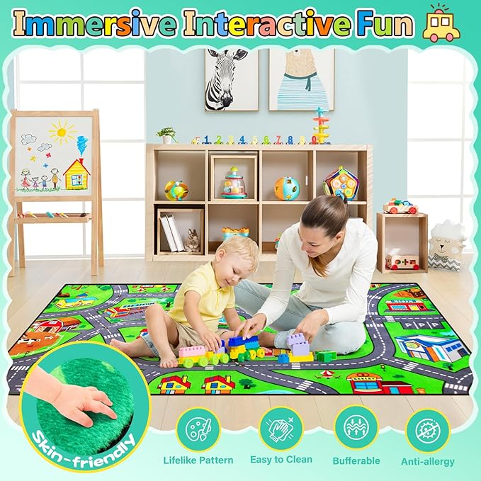 Road Car Rug,City Road Rug for Kids,3x5 Ft Kids Floor Play mat,and Car Carpet Play Mat with Realistic Colors – Perfect for Children and Non-Slip for Classroom,Playroom and Bedroom