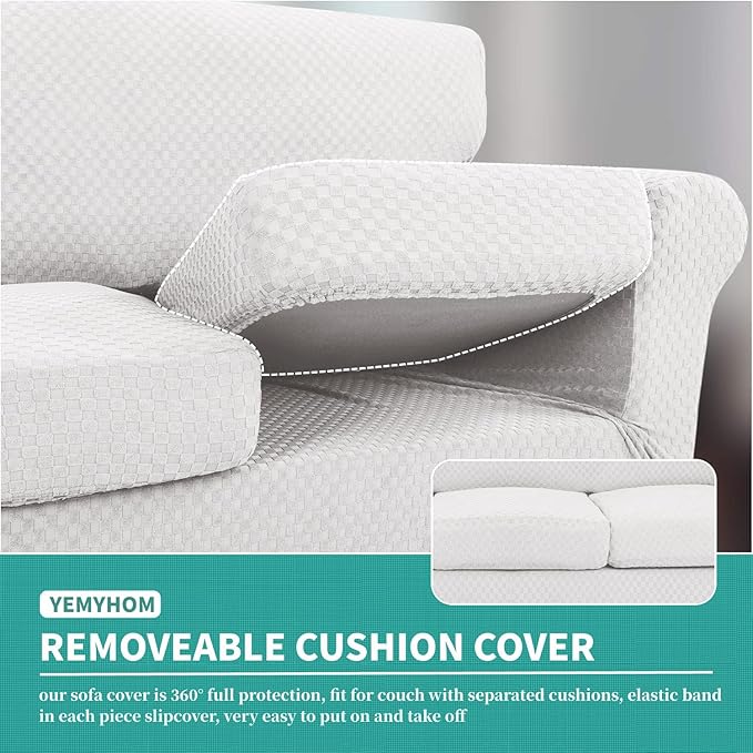 YEMYHOM Latest Checkered 2 Pieces Chair Covers for Living Room High Stretch Thickened Chair Slipcovers with Arms Anti Slip Elastic Armchair Sofa Couch Slipcover Protector (White), 31"-46"(1 Cushion)