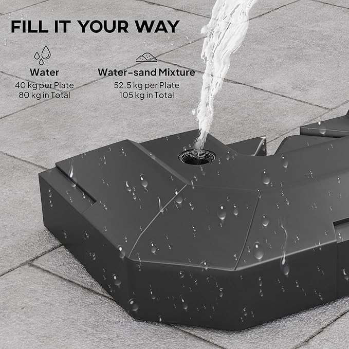 Outsunny 2-Piece Cantilever Offset Patio Umbrella Base Weight Set, 231 lb Heavy Duty Fillable Outdoor Offset Umbrella Weights with Easy-Fill Spouts for Water or Sand for Garden, Backyard, Black