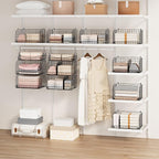 SWTYMIKI Hanging Closet Organizer Storage - 3 Tier Metal Stackable Hanging Closet Shelves with Dividers and S Hooks, Foldable Clothes Shelves for Clothes, Pants, Shoes, Coat, Hats Clutches Accessories