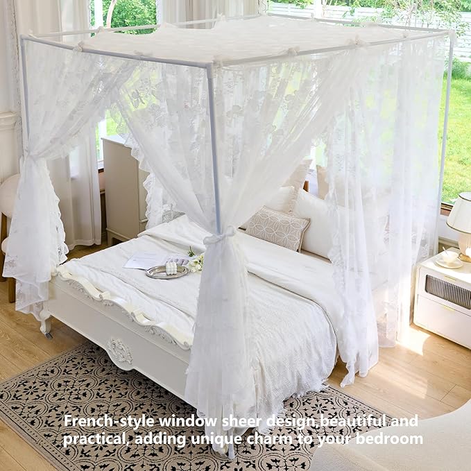 AIKASY Elegant Lace Princess 4-Poster Bed Canopy Mosquito Net - Romantic Wedding Bridal Bedroom Decor, Kids Room Bed Curtain for Women Adults - (White-4,King)