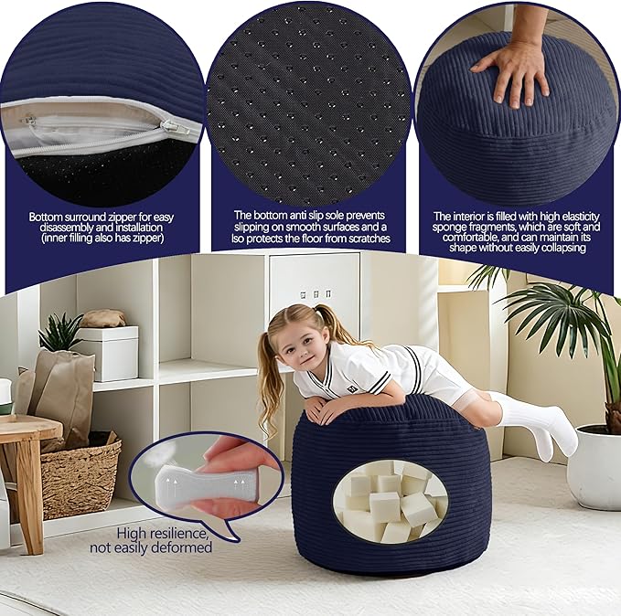 Sqodok Round Stuffed Pouf Ottoman for Foot Stools, 20"x 15" Corduroy Poufs Ottoman with Shredded Foam Filling, Washable Floor Poufs Foot Rest for Living Room Bedroom Home Decor and Office Chair