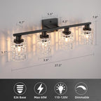 4 Light Matte Black Bathroom Vanity Light Over Mirror, Modern Vanity Lighting with Crystal Glass Shade, Wall Mount Bathroom Light Fixtures, E26 Base