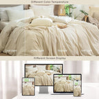 MooMee Striped Duvet Cover Set 100% Washed Cotton Linen Like Textured Breathable Durable Soft Comfy (Almond Milk Grey White Wide Stripes, Oversized Full 82"x86")