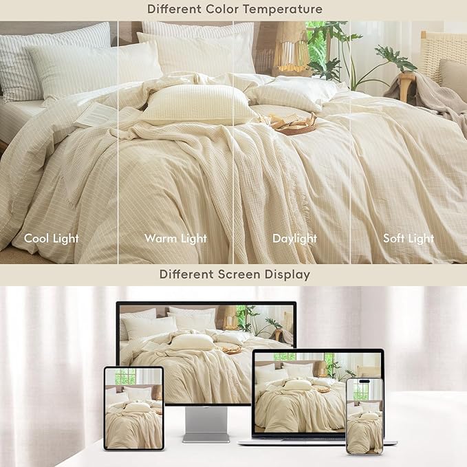 MooMee Striped Duvet Cover Set 100% Washed Cotton Linen Like Textured Breathable Durable Soft Comfy (Almond Milk Grey White Wide Stripes, Twin 68"x90")