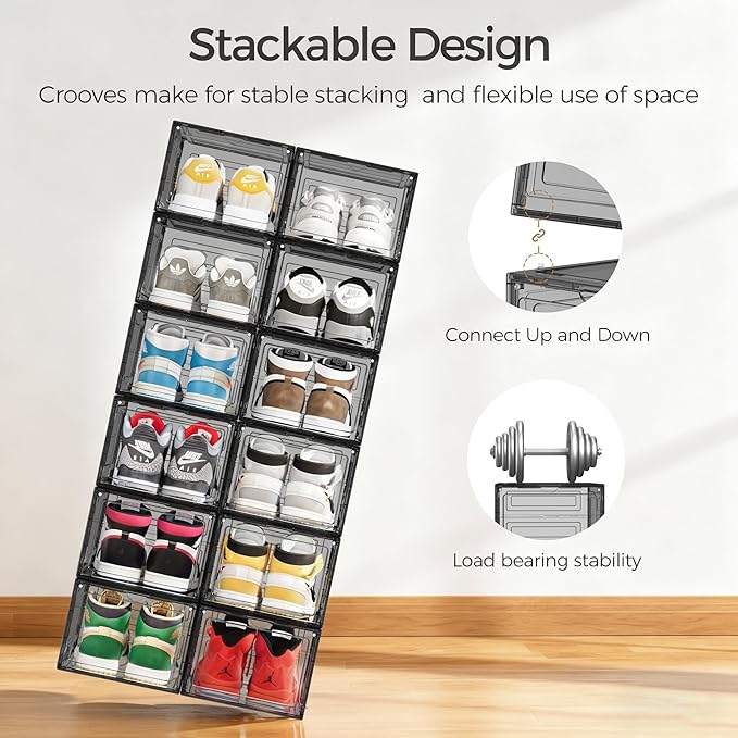 Pinkpum Upgraded Hard Shoe Storage Box 6 Pack X-Large Fit Size 12, Thicken & Sturdy Clear Plastic Stackable Shoe Organizer Box Closet, Sneaker Storage Display Case Holder Bins with Magnetic Door Black