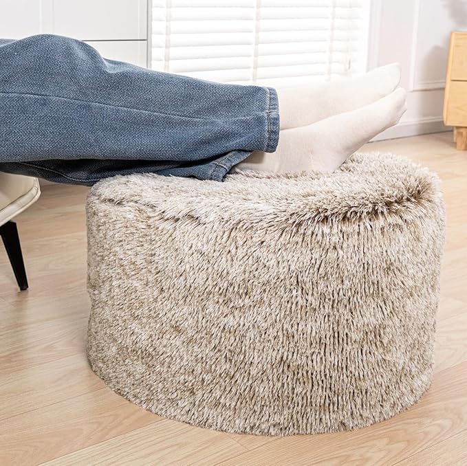 Stuffed Ottoman with Modern High Density Foam Faux Fur Pouf Stool Round Foot Stool Cushion Storage Ottoman 20 * 12''Floor Pouf Ottoman Foot Rest for Living Room (Snow Coffee)