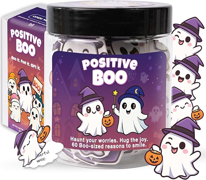 Positive Ghost Affirmation Jar – 60 Funny Emotional Support Ghosts, Boo Basket Stuffers for Women, Halloween Gifts for Women,Teens, Tween, Cute Halloween Basket Stuffers, Spooky Gifts