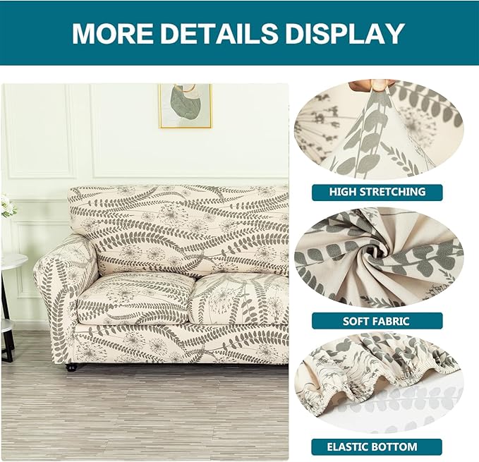 KRFOONN 4 Piece Printed Sofa Couch Cover for 3 Cushion Couches Stretch Sofa Slipcovers with 3 Separate Seat Cushion Covers Washable Furniture Protector with Elastic Bottom (Sofa, 54)