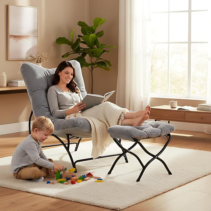 Welnow Modern Accent Chair with Ottoman, Upholstered Comfy Lounge Recliner Sofa, Thick Cushion Oversized Lazy Reading Chair with Footrest for Living Room, Bedroom, Apartment, Office, Dorm, Light Grey