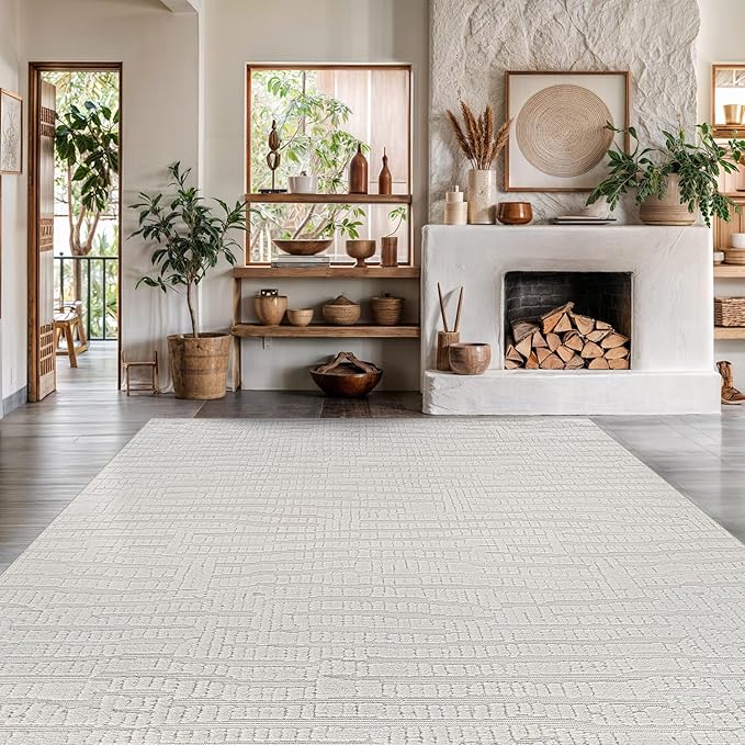 Modern Micro Loop Indoor Area Rugs for Living Room Bedroom Kitchen Geometric Pebble White 8x10 Luxury Durable Low and High Pile Non-Shedding Stain Resistant Soft Area Carpet 8 x 10