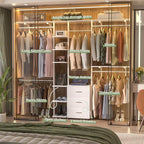 Aheaplus Closet System with Drawers, Closet Organizer System Storage with Shelves, 96'' Walk-in Closet with 5 Hanging Rods, Heavy Duty Wall Mounted Clothes Wardrobe Garment Rack,-Metal Frame, White