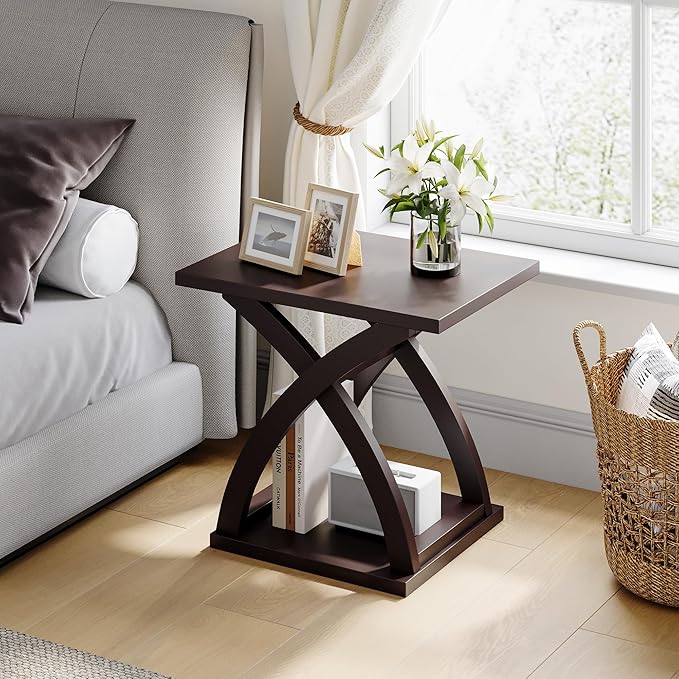 ChooChoo End Side Table, Modern End Table with Storage Shelf, X-Design Side Table Living Room(Espresso)