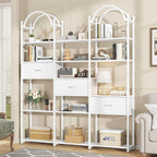 Semoic 83.5" Tall Arched Bookshelf, Triple Wide 6-Tier Large Open Book Shelf with 3 Drawers Storage, Etagere Bookcase with Display Shelf, Industrial Bookshelf with Metal Frame for Living Room, White