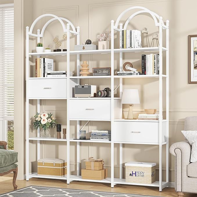Semoic 83.5" Tall Arched Bookshelf, Triple Wide 6-Tier Large Open Book Shelf with 3 Drawers Storage, Etagere Bookcase with Display Shelf, Industrial Bookshelf with Metal Frame for Living Room, White