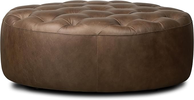 Poly & BARK Ascot Ottoman – 40" Round Pouf with Feather-Down Topper – Full-Grain Leather Upholstered Pouf Ottoman for Living Room – Vintage Italian Leather in Cocoa Brown