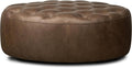 Poly & BARK Ascot Ottoman – 40" Round Pouf with Feather-Down Topper – Full-Grain Leather Upholstered Pouf Ottoman for Living Room – Vintage Italian Leather in Cocoa Brown