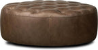 Poly & BARK Ascot Ottoman – 40" Round Pouf with Feather-Down Topper – Full-Grain Leather Upholstered Pouf Ottoman for Living Room – Vintage Italian Leather in Cocoa Brown