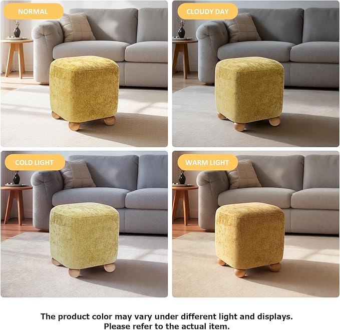 Cube Pouf Ottoman with Wooden Leg,Chenille Fabric Vanity Stool-Upholstered Floor Chair,Square Footstool Pouf with Acacia Wood Frame(500Lbs),Small Coffee Table Ottoman for Living Room