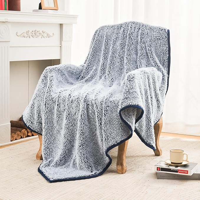EMME Soft Sherpa Fleece Blanket Reversible Plush Fluffy Large Blanket, Light Weight Warm Decorative Boho Blanket Cover for Sofa, Couch, Bedroom,Travel(Plush Navy,60"x80")