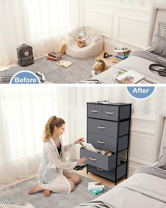 Crestlive Products Vertical Dresser Storage Tower - Sturdy Steel Frame, Wood Top, Easy Pull Fabric Bins, Wood Handles - Organizer Unit for Bedroom, Hallway, Entryway, Closets - 6 Drawers (Gray)