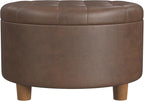 Homepop Home Decor | Button Round Storage Ottoman | Ottoman with Storage for Living Room & Bedroom, Brown Faux Leather