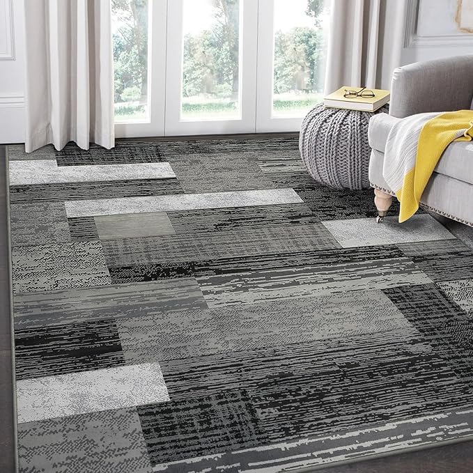 FlyDOIT Modern Geometric Patchwork Area Rug, 9x12 Grey Large Rugs for Living Room, Rockwood Collection Indoor Rugs for Bedroom, Throw Carpet Floor Decor for Entryway Dining Room Office Nursery