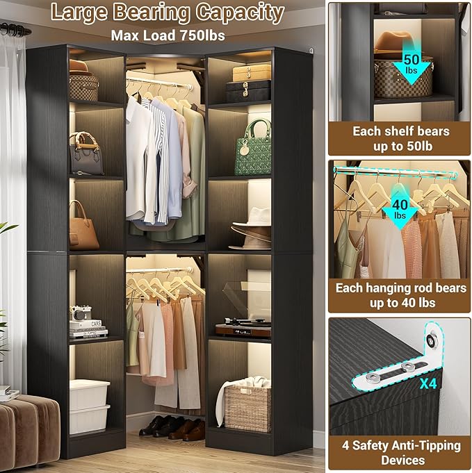 Corner Closet System with 12 Shelves, 39.2" Corner Closet Organizer System with 2 Hanging Rods, Versatile 6-Tier Walk-in Closets for Corner Space, Black (39.2" L x 39.2" W x 80" H)