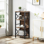 Small Bookshelf,4 Tier Industrial Bookcase with Metal Frame and Backboard,Narrow Rustic Brown Book Shelf,Book case for Small Spaces,Living Room,Bedroom and Home Office