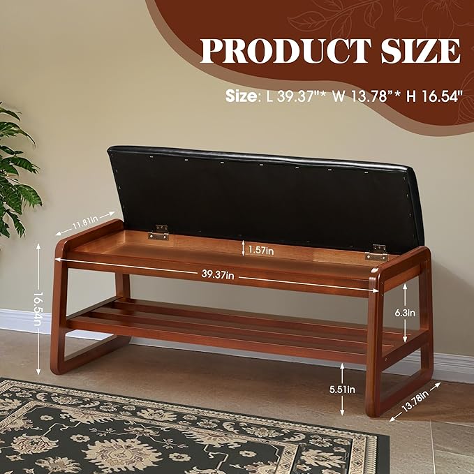 Solid Wood Shoe Rack with Flip-Top Storage, Entryway Shoe Bench with Cushion, 2 Tier Shoes Storage Organizer for Hallway, Living Room-(Black,39.37"-L)