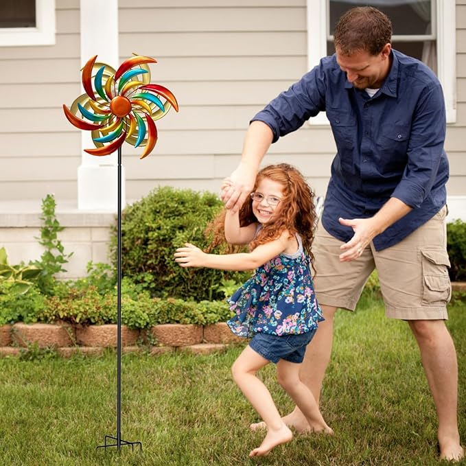 360° Wind Spinners Outdoor with Solar Lights Colored Leaves Garden Decor Yard Lawn Art Decor for Patio Kinetic Windmills 60.63'' H x 13.38'' Dia Unique Gifts for Friends and Family
