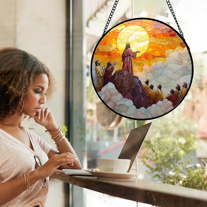 Christian Gifts for Women - Easter Stained Glass Window Hanging Transfiguration of Jesus Sun Catcher Garden Religion Decor Mother's Day Catholic Gift for Men Grandma Nana Her Mom 9.8"