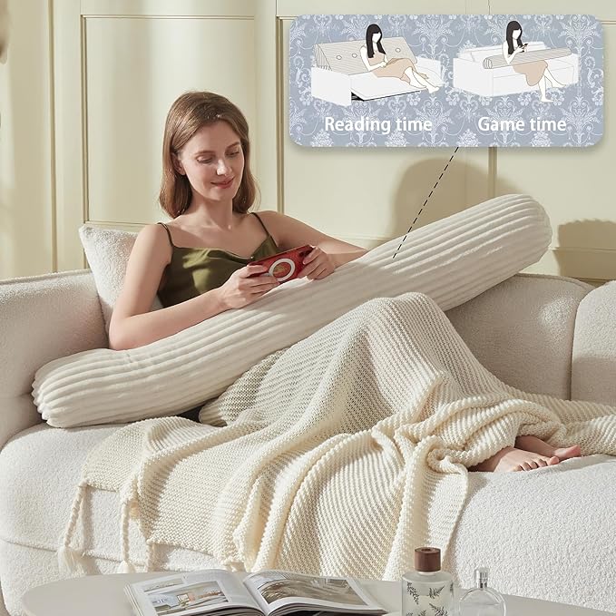 Headboard Wedge Pillow + A Long Neck Roll Pillow Body Pillow，Large Headboard Pillow with Removable Cover (Beige, Queen：59x8x20 inches)
