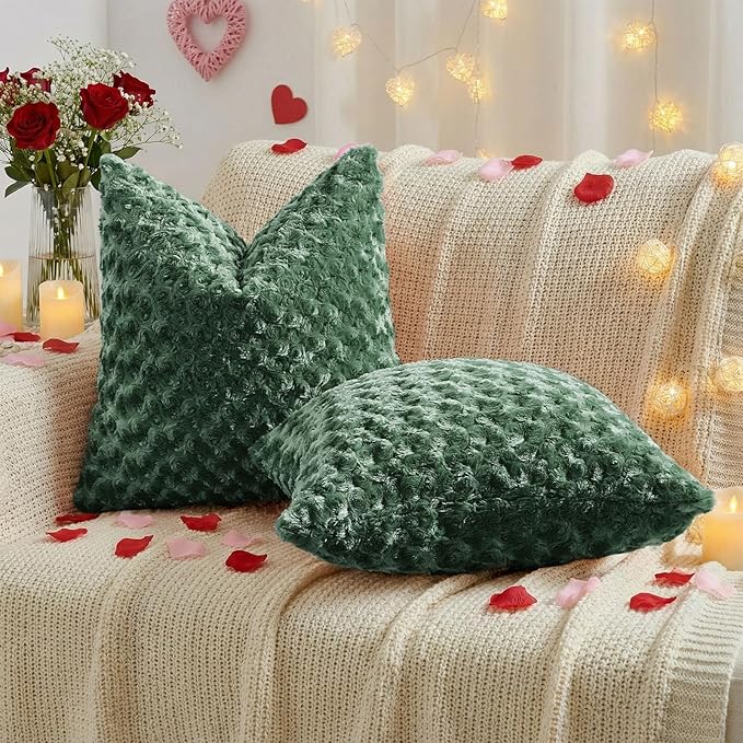 FUTEI Dark Green Decorative Throw Pillow Covers 26x26 Inch Set of 2,Soft Solid Rose Swirl Textured Euro Pillow Shams,Valentine's Day Decor for Couch Living Room