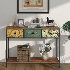 Tohomeor Entryway Console Table with 3 Retro Flowers Fabric Drawers Boho Narrow Long Behind Couch Sofa Table with Bottom Open Storage Shelf for Hallway Living Room Foyer (Rustic Brown, 3 Drawers)